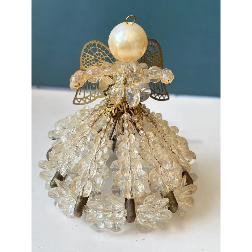 Vintage Beaded Angel Ornament Tree Ornament Safety Pin Filigree 4 Inch